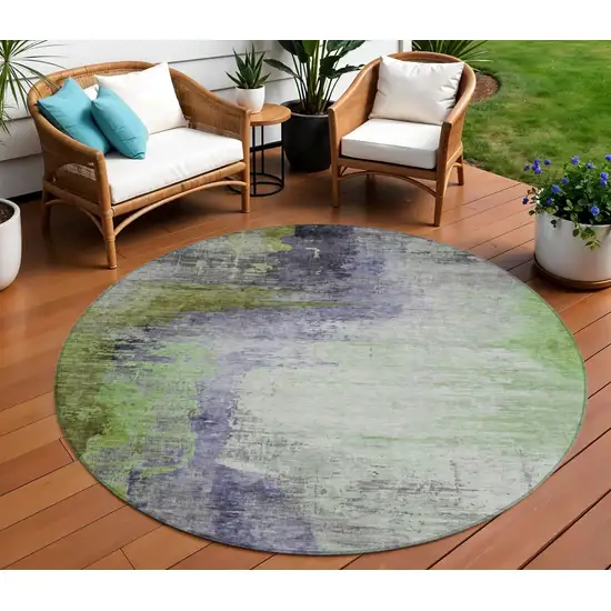 8' Plum Green And Silver Round Abstract Washable Indoor Outdoor Area Rug Photo 2
