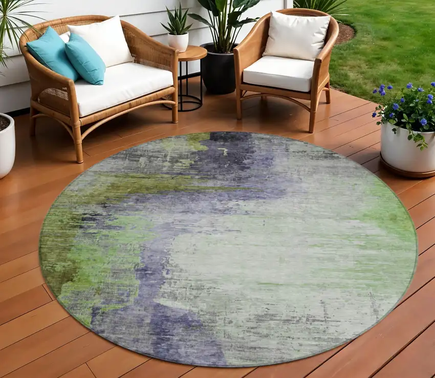8' Plum Green And Silver Round Abstract Washable Indoor Outdoor Area Rug Photo 2
