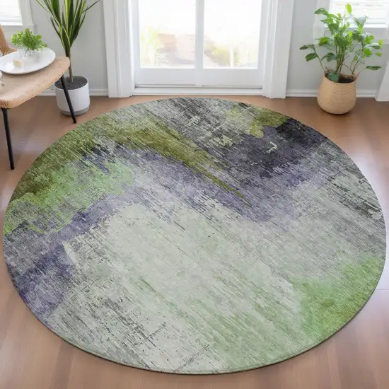 8' Plum Green And Silver Round Abstract Washable Indoor Outdoor Area Rug Photo 5