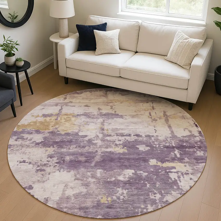 8' Plum Ivory And Gold Round Abstract Washable Indoor Outdoor Area Rug Photo 5