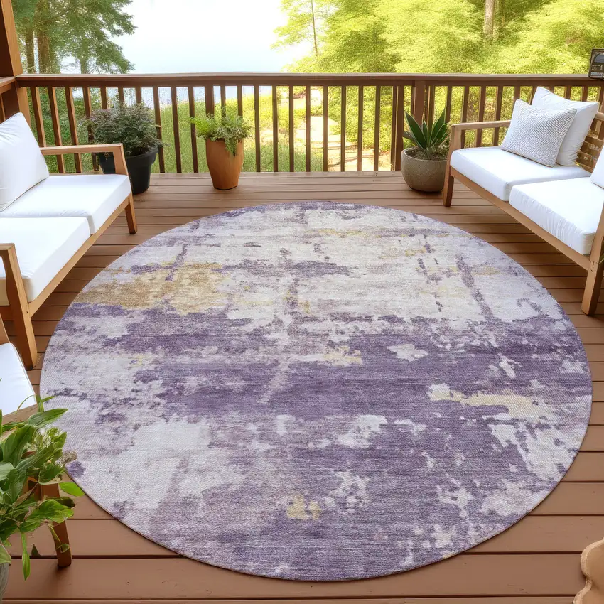 8' Plum Ivory And Gold Round Abstract Washable Indoor Outdoor Area Rug Photo 4