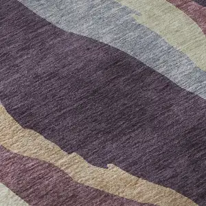 Photo of 8' Plum Ivory And Gray Abstract Washable Round Rug With UV Protection