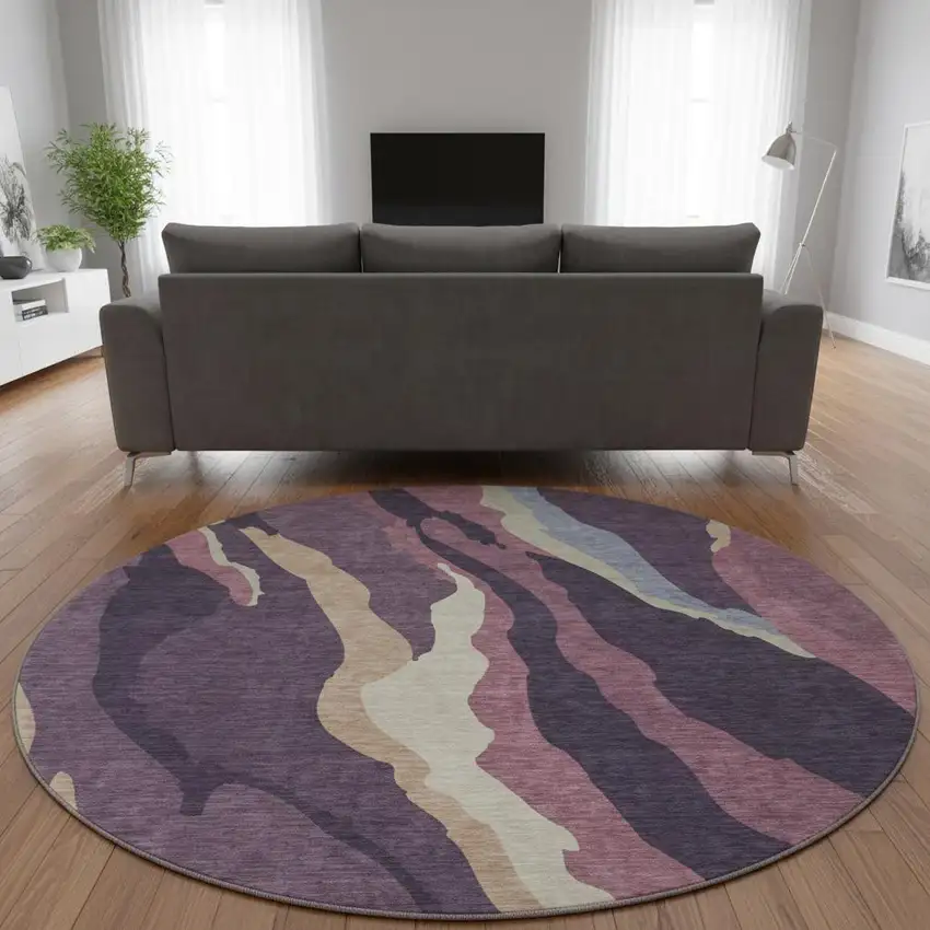 8' Plum Ivory And Gray Abstract Washable Round Rug With UV Protection Photo 2