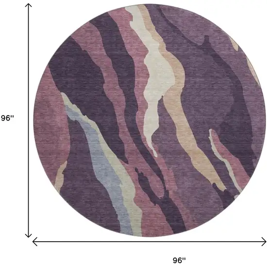 8' Plum Ivory And Gray Abstract Washable Round Rug With UV Protection Photo 9
