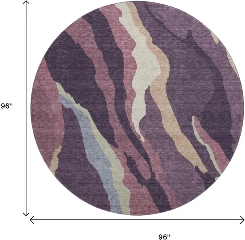 8' Plum Ivory And Gray Abstract Washable Round Rug With UV Protection Photo 9