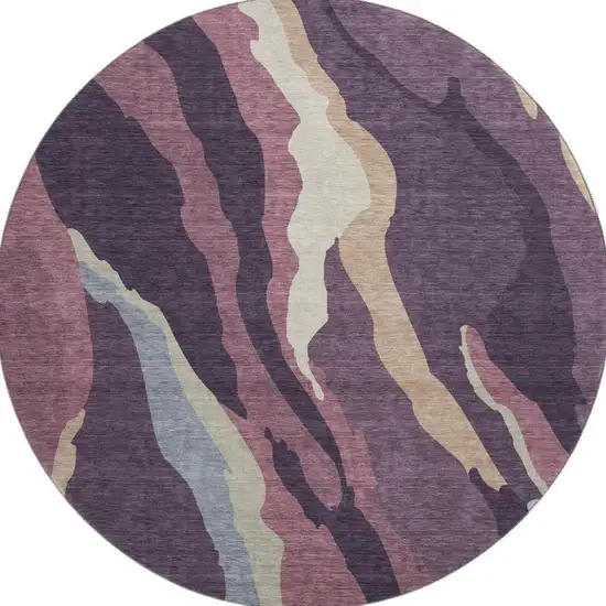 8' Plum Ivory And Gray Abstract Washable Round Rug With UV Protection Photo 2