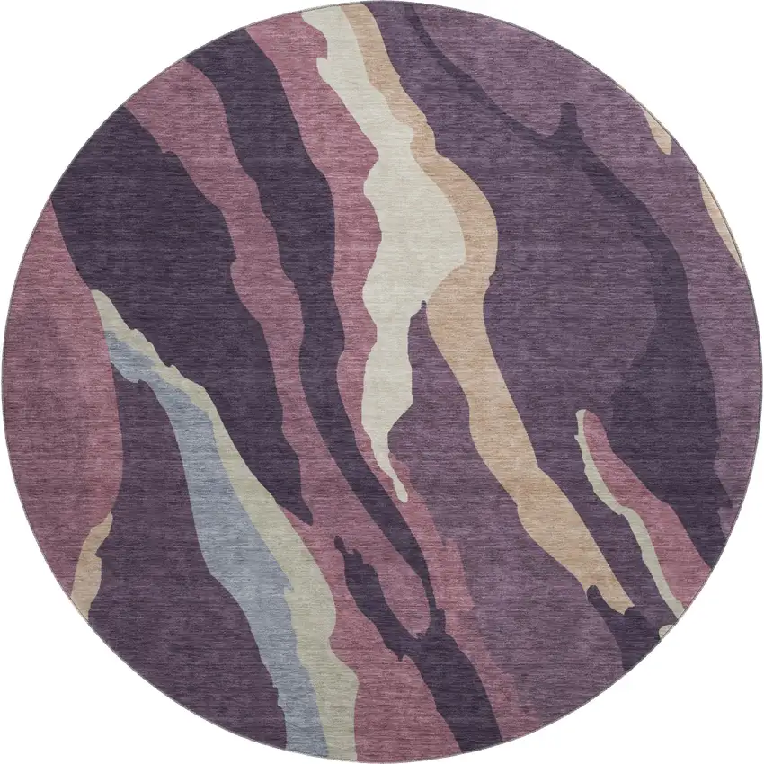 8' Plum Ivory And Gray Abstract Washable Round Rug With UV Protection Photo 1