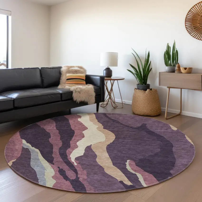 8' Plum Ivory And Gray Abstract Washable Round Rug With UV Protection Photo 4