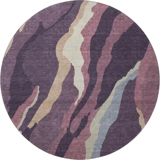 8' Plum Ivory And Gray Abstract Washable Round Rug With UV Protection Photo 3