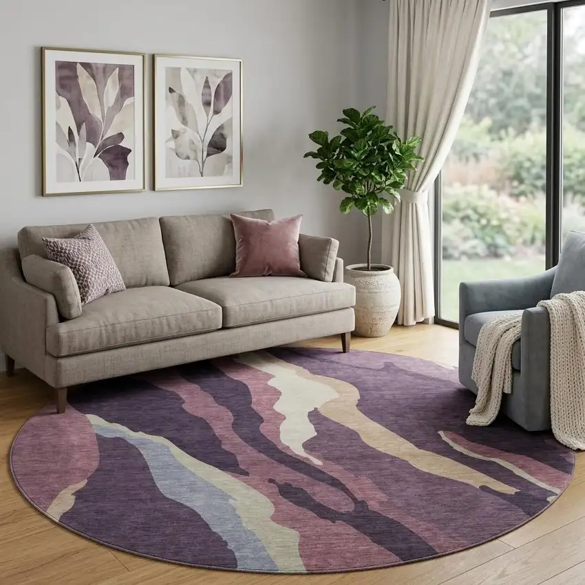 8' Plum Ivory And Gray Abstract Washable Round Rug With UV Protection Photo 1