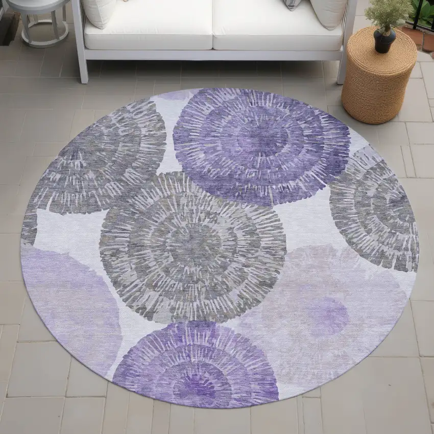 8' Plum Ivory And Khaki Round Abstract Washable Indoor Outdoor Area Rug Photo 9
