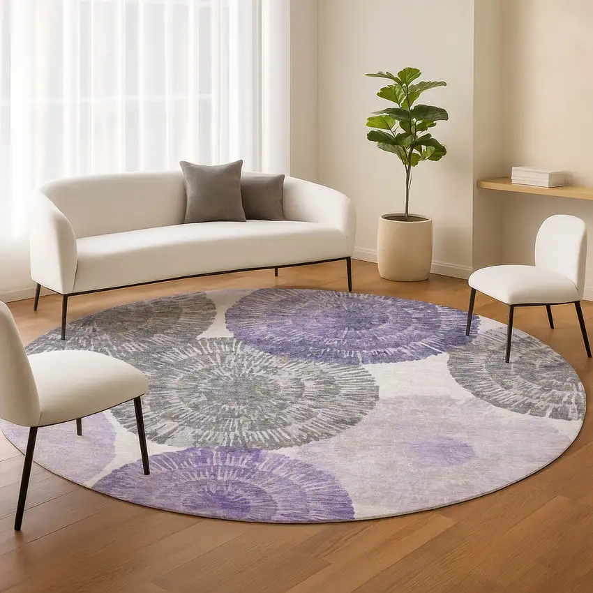 8' Plum Ivory And Khaki Round Abstract Washable Indoor Outdoor Area Rug Photo 9