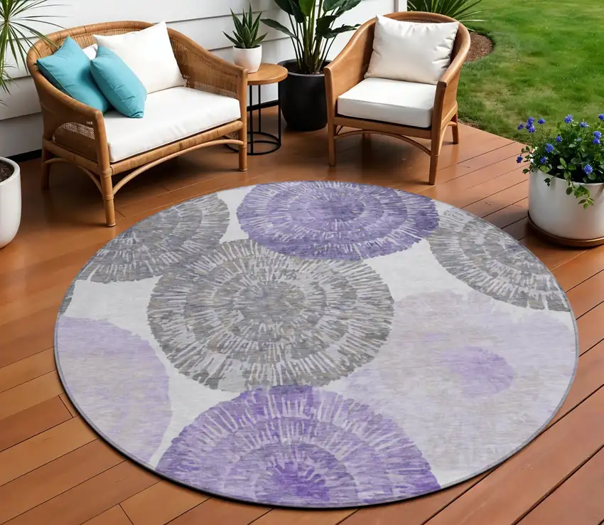 8' Plum Ivory And Khaki Round Abstract Washable Indoor Outdoor Area Rug Photo 1