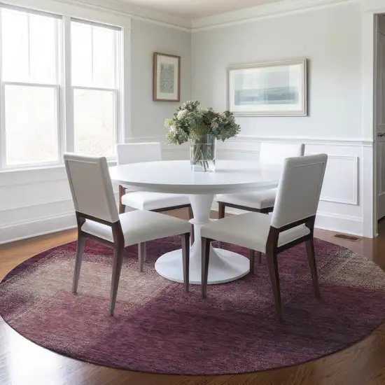 8' Plum Mauve And Beige Round Abstract Washable Indoor Outdoor Area Rug Photo 7