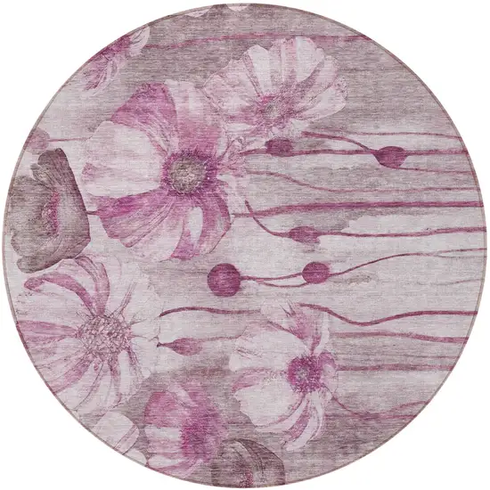 8' Plum Mauve And Pink Round Floral Washable Indoor Outdoor Area Rug Photo 6