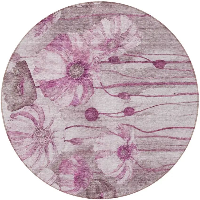 8' Plum Mauve And Pink Round Floral Washable Indoor Outdoor Area Rug Photo 6