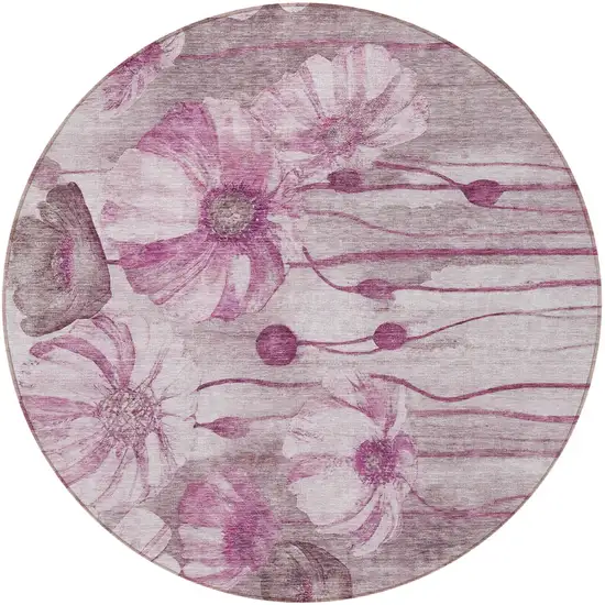 8' Plum Mauve And Pink Round Floral Washable Indoor Outdoor Area Rug Photo 6