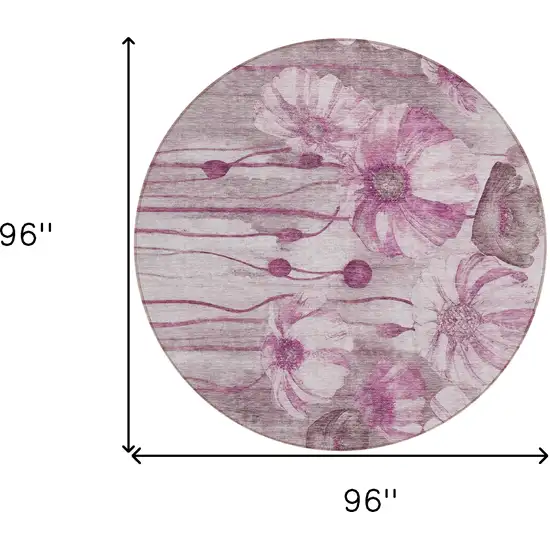 8' Plum Mauve And Pink Round Floral Washable Indoor Outdoor Area Rug Photo 9