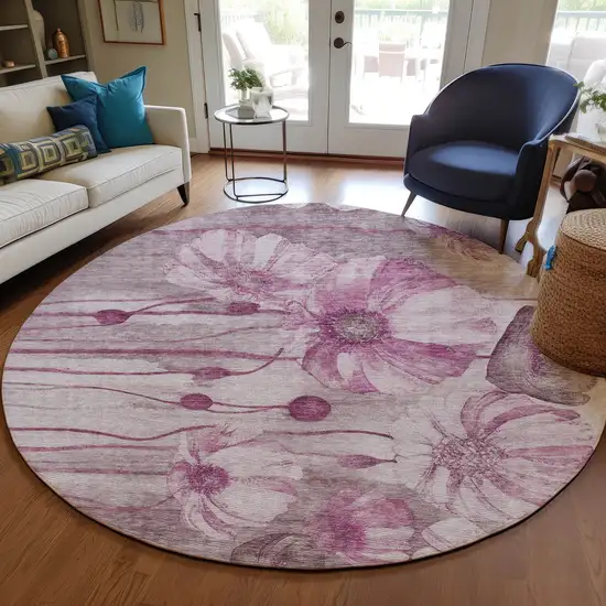 8' Plum Mauve And Pink Round Floral Washable Indoor Outdoor Area Rug Photo 8