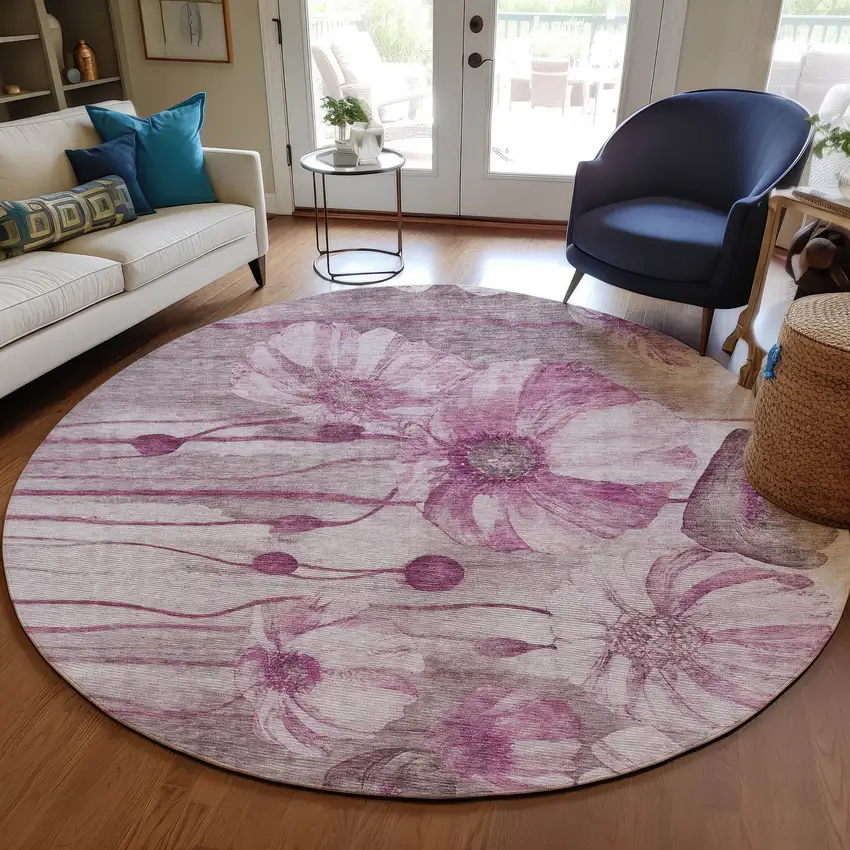 8' Plum Mauve And Pink Round Floral Washable Indoor Outdoor Area Rug Photo 8