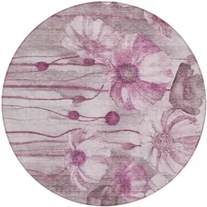 Photo of 8' Plum Mauve And Pink Round Floral Washable Indoor Outdoor Area Rug