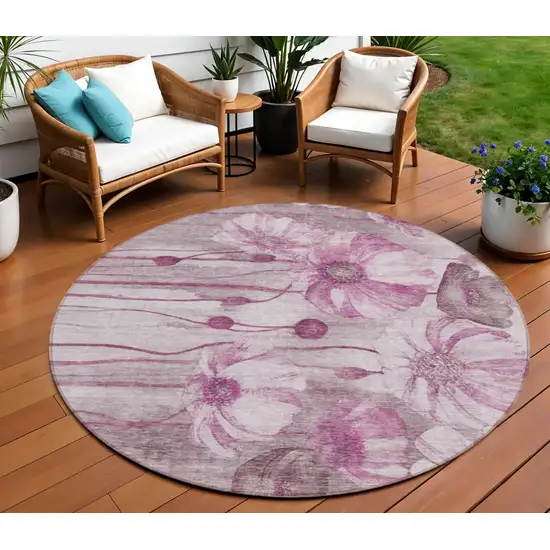 8' Plum Mauve And Pink Round Floral Washable Indoor Outdoor Area Rug Photo 1