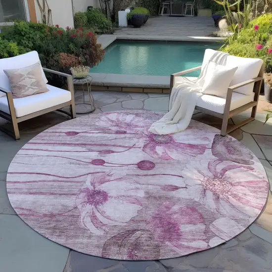 8' Plum Mauve And Pink Round Floral Washable Indoor Outdoor Area Rug Photo 7