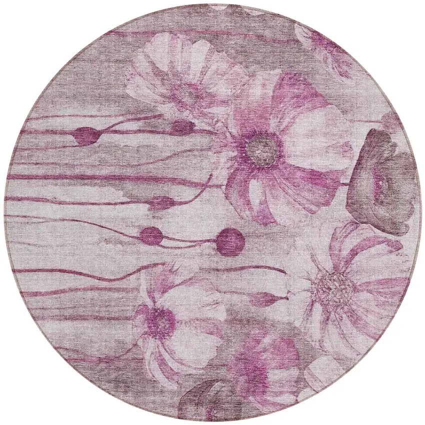 8' Plum Mauve And Pink Round Floral Washable Indoor Outdoor Area Rug Photo 5