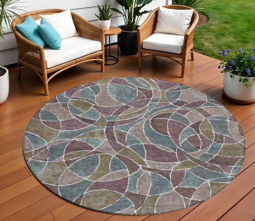 8' Plum Olive Green And Denim Blue Round Geometric Washable Indoor Outdoor Area Rug Photo 2