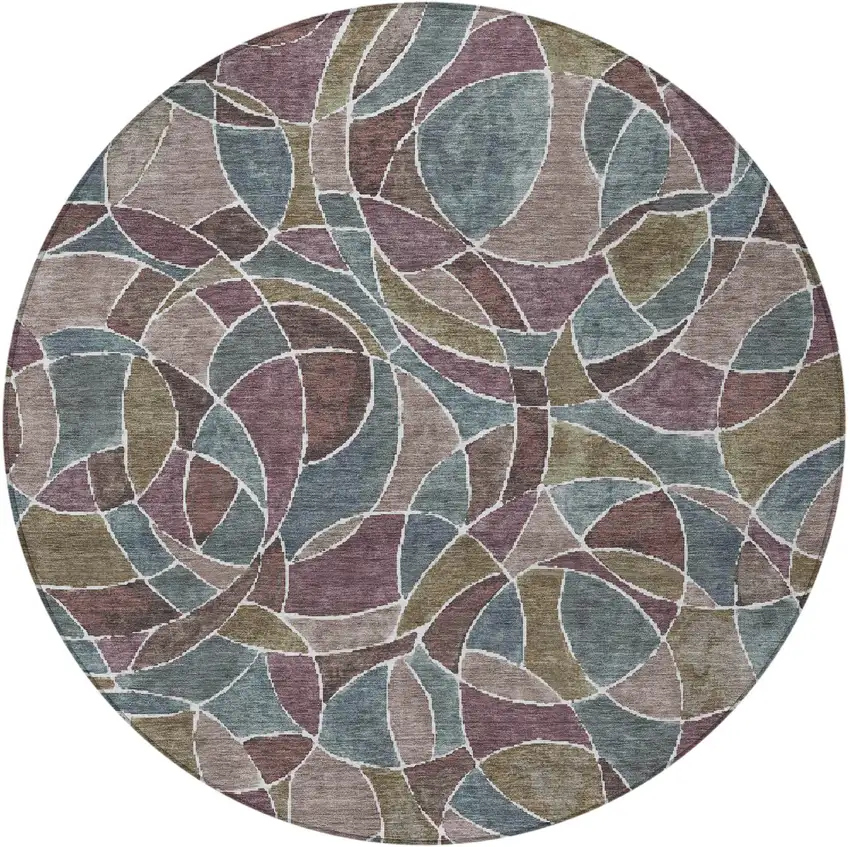 8' Plum Olive Green And Denim Blue Round Geometric Washable Indoor Outdoor Area Rug Photo 4