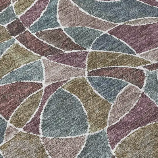 8' Plum Olive Green And Denim Blue Round Geometric Washable Indoor Outdoor Area Rug Photo 9