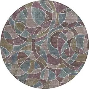 Photo of 8' Plum Olive Green And Denim Blue Round Geometric Washable Indoor Outdoor Area Rug