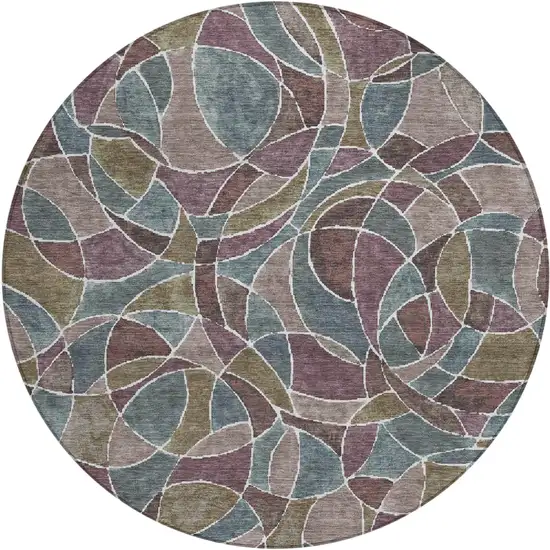 8' Plum Olive Green And Denim Blue Round Geometric Washable Indoor Outdoor Area Rug Photo 1