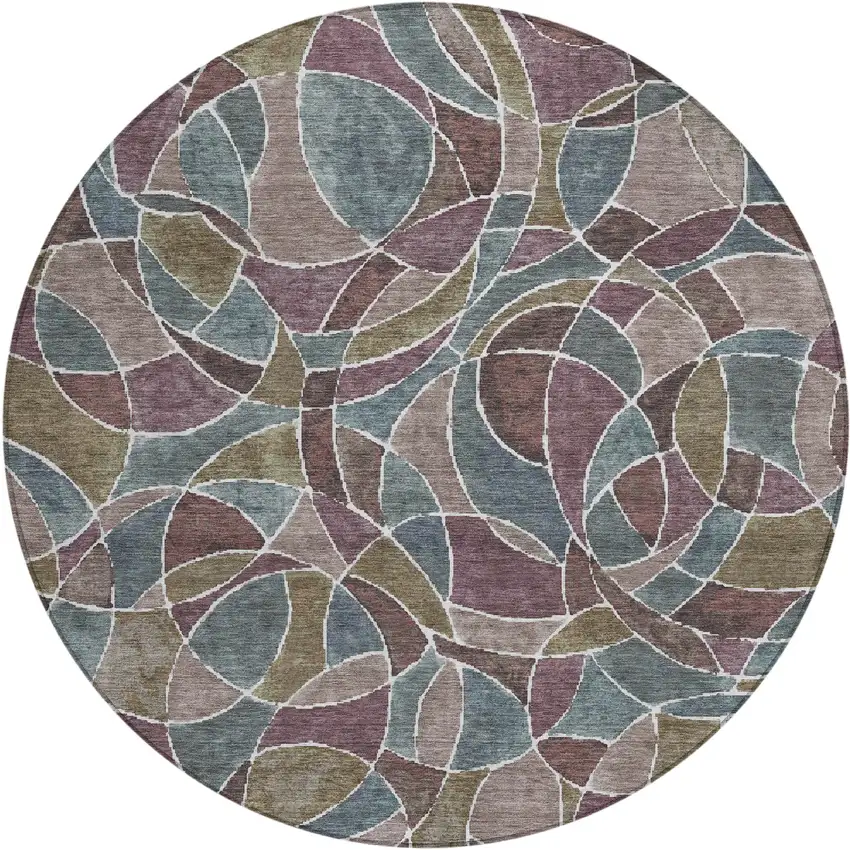 8' Plum Olive Green And Denim Blue Round Geometric Washable Indoor Outdoor Area Rug Photo 1