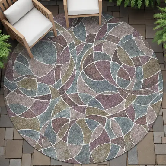 8' Plum Olive Green And Denim Blue Round Geometric Washable Indoor Outdoor Area Rug Photo 6