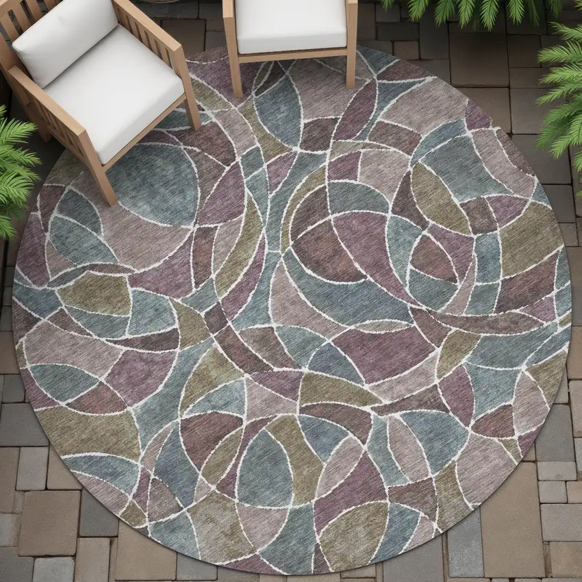 8' Plum Olive Green And Denim Blue Round Geometric Washable Indoor Outdoor Area Rug Photo 6