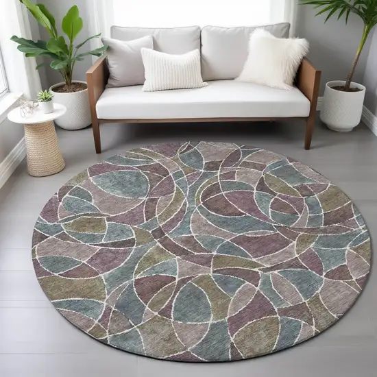 8' Plum Olive Green And Denim Blue Round Geometric Washable Indoor Outdoor Area Rug Photo 7
