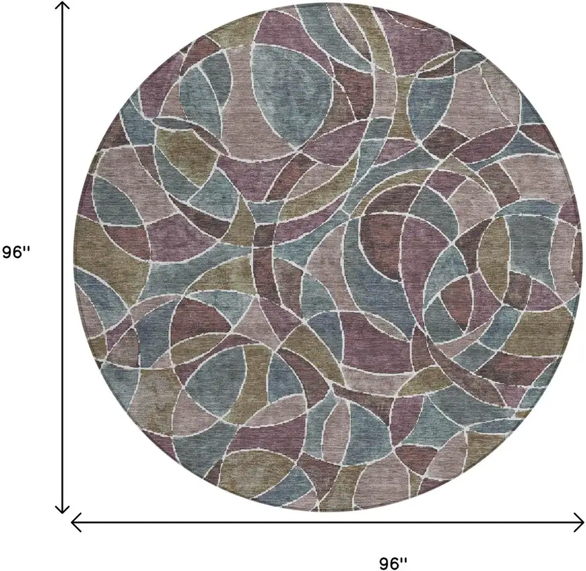8' Plum Olive Green And Denim Blue Round Geometric Washable Indoor Outdoor Area Rug Photo 8
