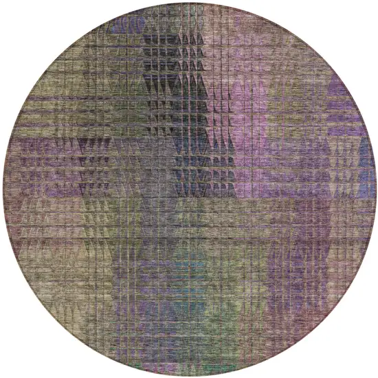 8' Plum Olive Green And Lavender Round Abstract Washable Indoor Outdoor Area Rug Photo 2