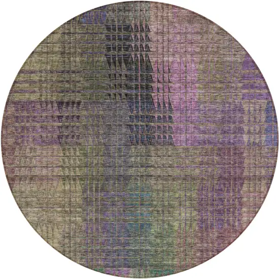 8' Plum Olive Green And Lavender Round Abstract Washable Indoor Outdoor Area Rug Photo 2