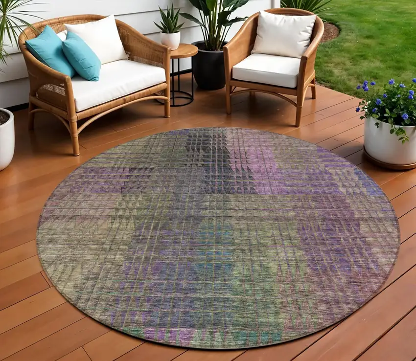8' Plum Olive Green And Lavender Round Abstract Washable Indoor Outdoor Area Rug Photo 1
