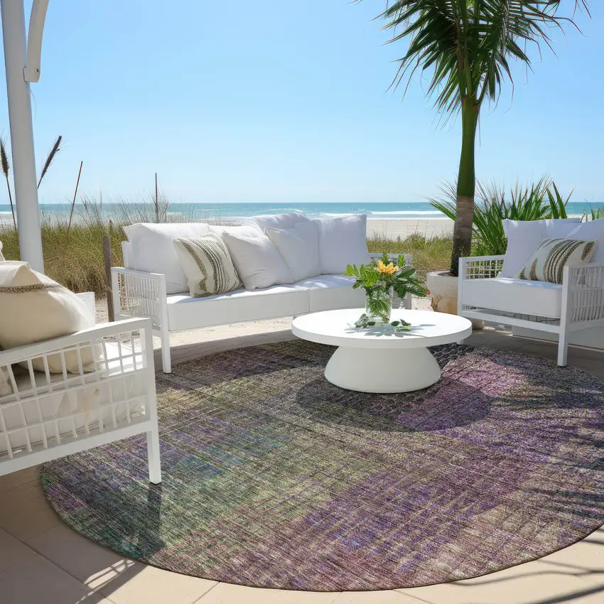 8' Plum Olive Green And Lavender Round Abstract Washable Indoor Outdoor Area Rug Photo 6