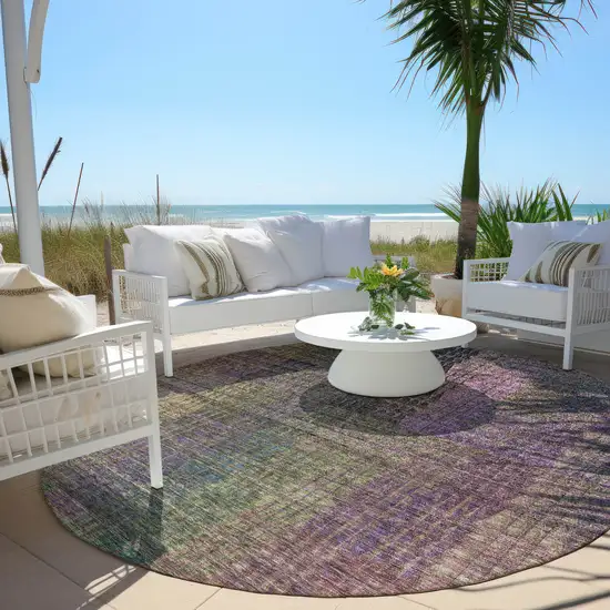 8' Plum Olive Green And Lavender Round Abstract Washable Indoor Outdoor Area Rug Photo 6