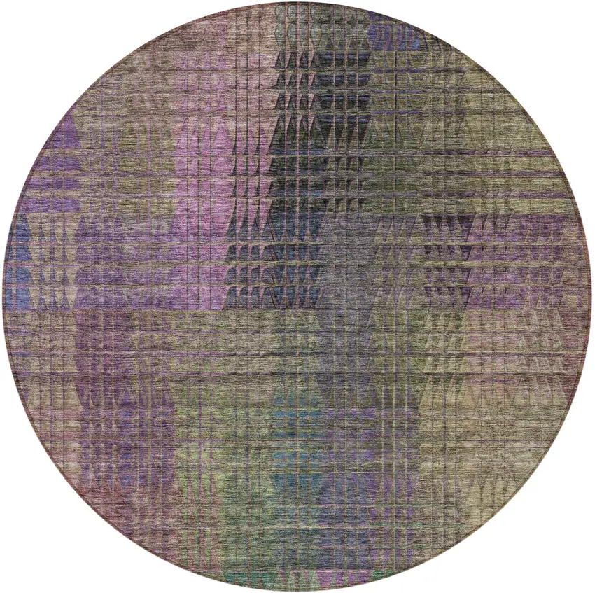 8' Plum Olive Green And Lavender Round Abstract Washable Indoor Outdoor Area Rug Photo 5