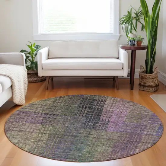 8' Plum Olive Green And Lavender Round Abstract Washable Indoor Outdoor Area Rug Photo 7