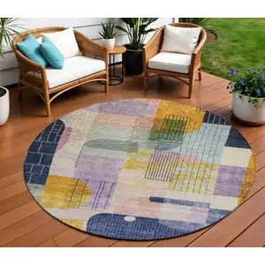 Photo of 8' Plum Purple And Copper Round Abstract Washable Indoor Outdoor Area Rug