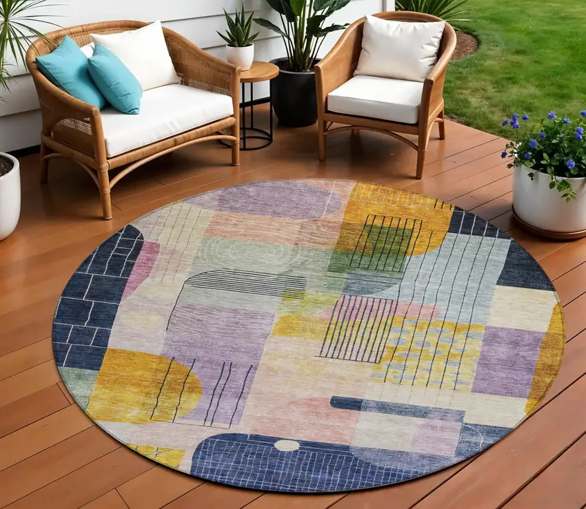 8' Plum Purple And Copper Round Abstract Washable Indoor Outdoor Area Rug Photo 1