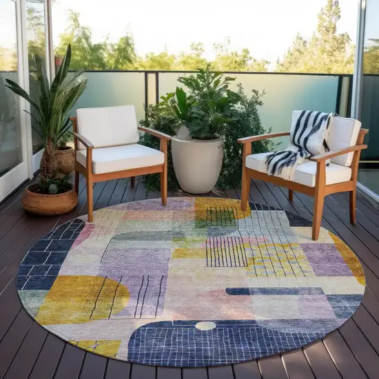 8' Plum Purple And Copper Round Abstract Washable Indoor Outdoor Area Rug Photo 8