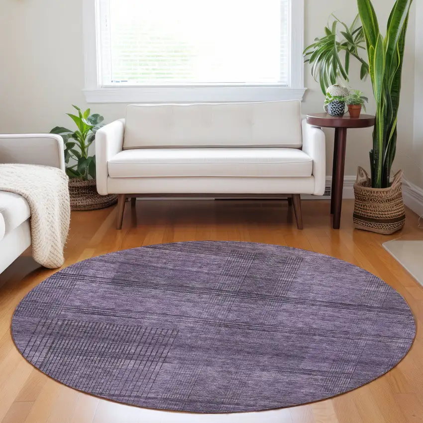 8' Plum Purple And Gray Round Striped Washable Indoor Outdoor Area Rug Photo 6
