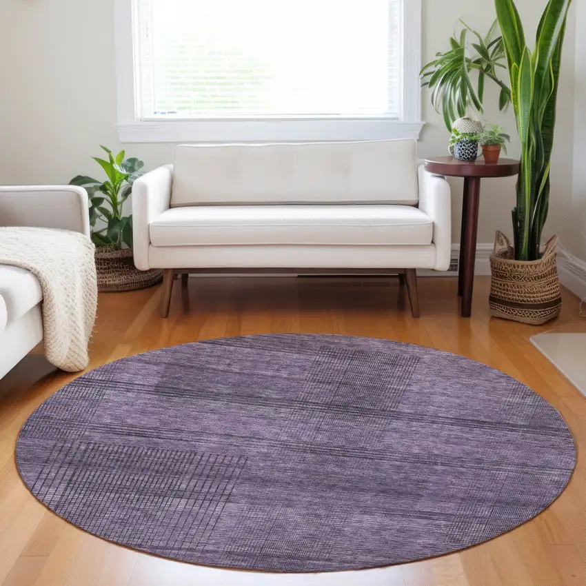 8' Plum Purple And Gray Round Striped Washable Indoor Outdoor Area Rug Photo 6